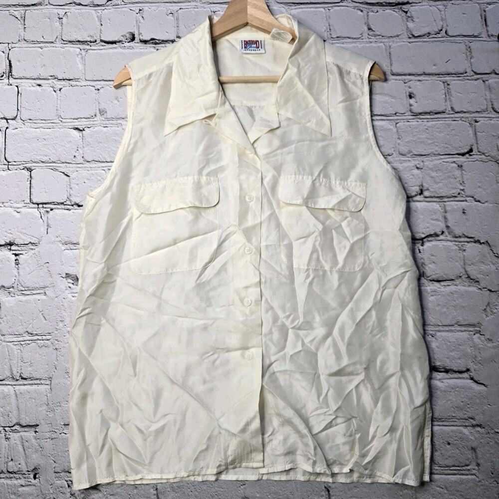 Vintage Backroad Blues 100% Silk‎ Cream Button Up Sleeveless Blouse Size Large